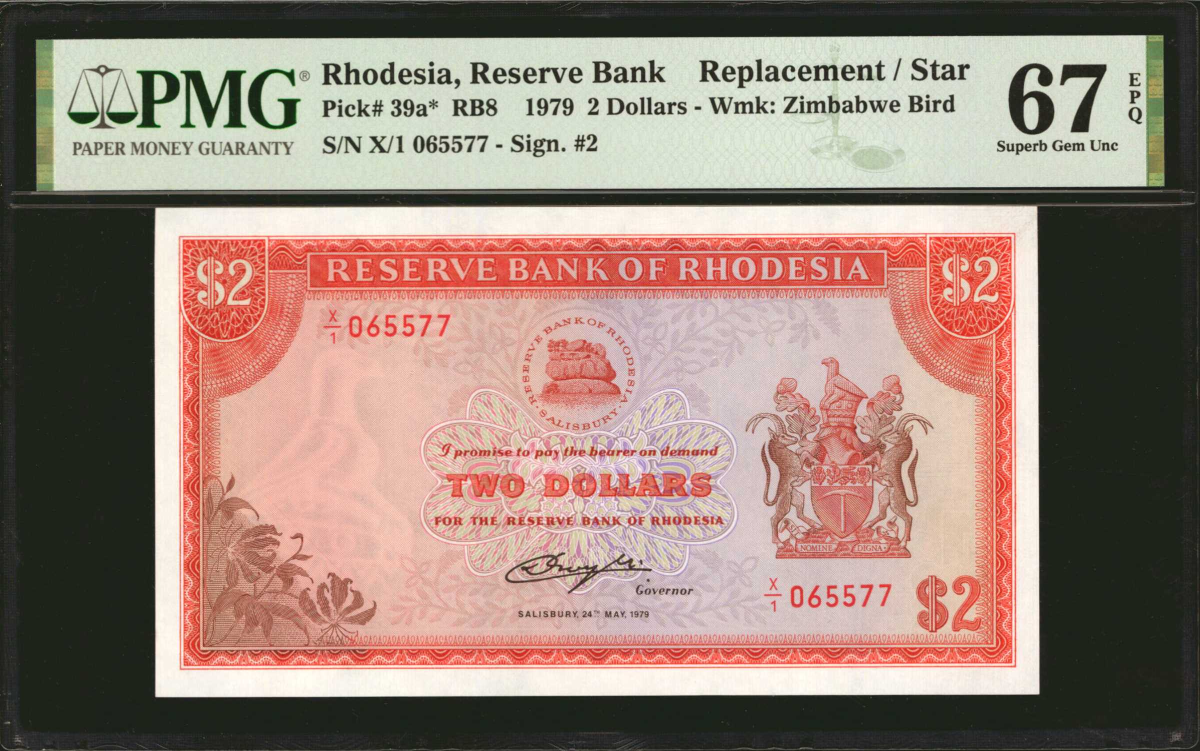 RHODESIA. Reserve Bank of Rhodesia. 2 Dollars, 1979. P-39a