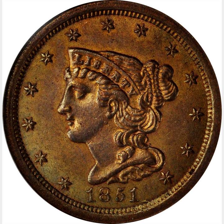 1851 Half Cent, Braided Hair, Nice