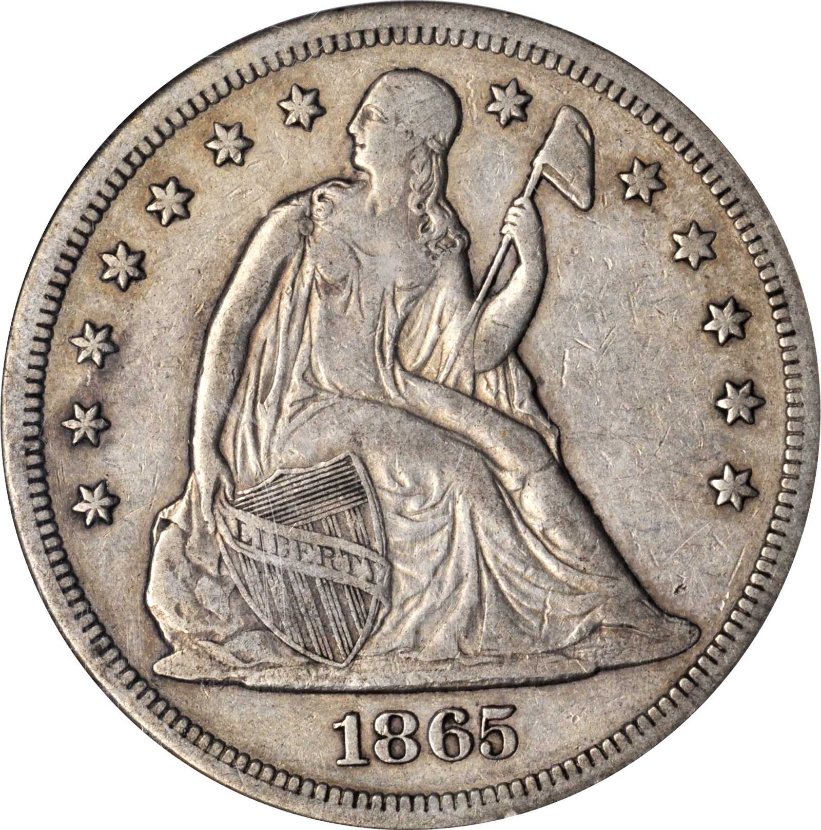 1865 Liberty Seated Silver Dollar. OC-2. Rarity-2. EF-45 (NGC