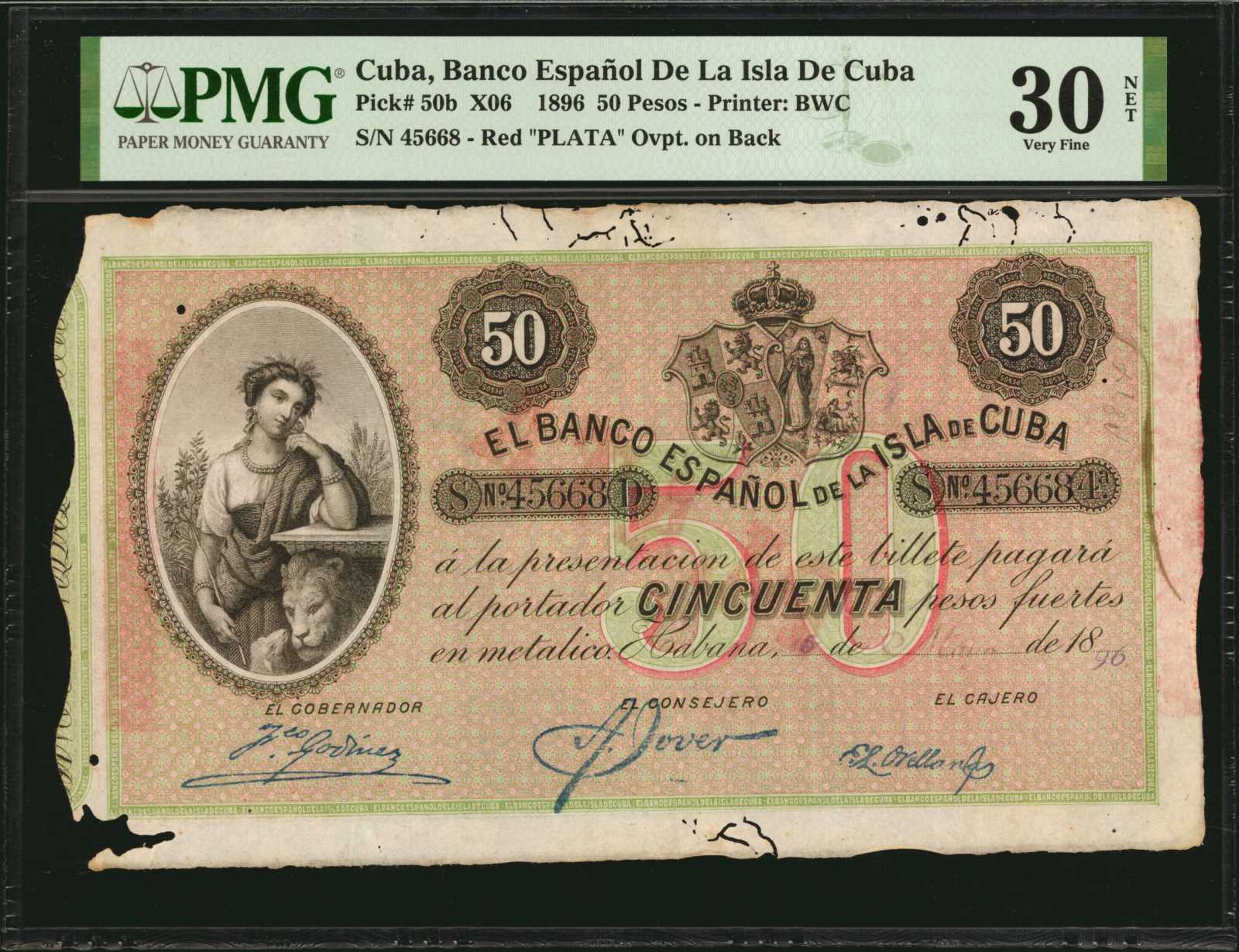 CUBA. Banco Espanol De La Isla De Cuba. 50 Pesos, 1896. P-50b. PMG ...