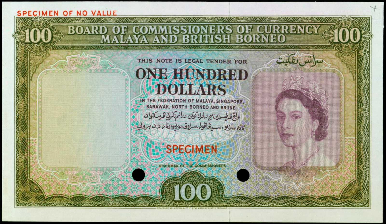 MALAYA AND BRITISH BORNEO. Board of Commissioners of Currency. 100 Dollars